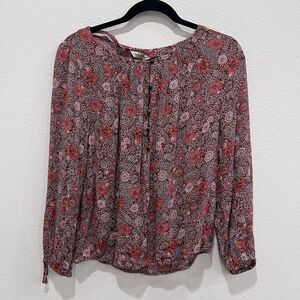 Lucky Brand 100% Rayon Pink White Floral Long Sleeve Tunic Peasant Blouse Medium